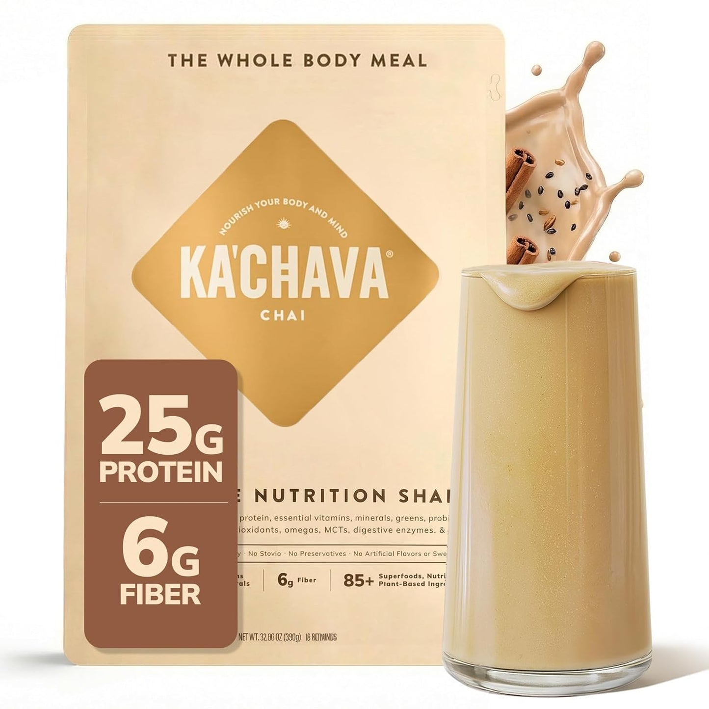 Ka’Chava Whole Body Meal Shake  2 lb – Vegan Protein Powder with 85+ Superfoods & Greens – Plant-Based Meal Replacement with Probiotics & Digestive Enzymes – Gluten & Dairy Free (15 Servings)