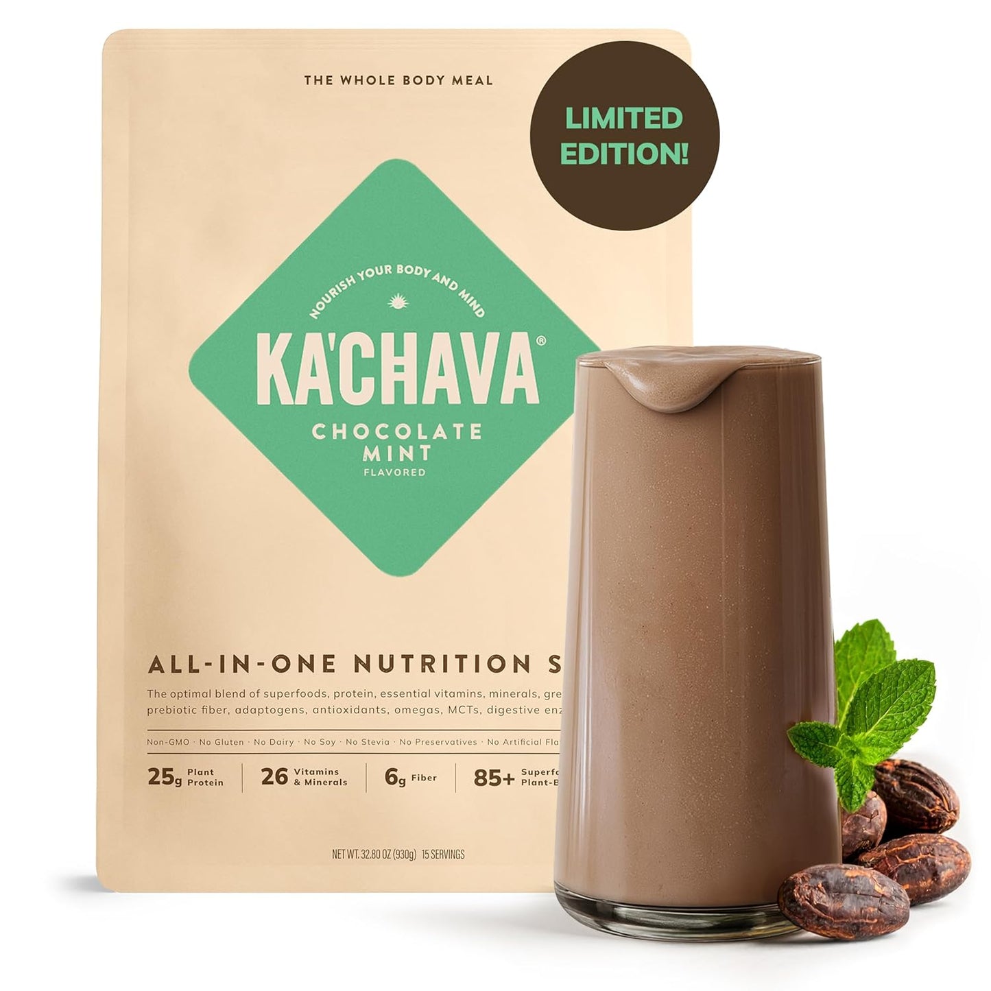 Ka’Chava Whole Body Meal Shake  2 lb – Vegan Protein Powder with 85+ Superfoods & Greens – Plant-Based Meal Replacement with Probiotics & Digestive Enzymes – Gluten & Dairy Free (15 Servings)